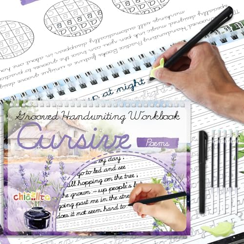 chiazllta Grooved Cursive Handwriting Workbook with Disappearing Ink Pens Magic Reusable Grooved Cursive Writing Practice for Beginners Kids Kickoff Student Workbook Homeschooling Supplies (Poems) by chiazllta