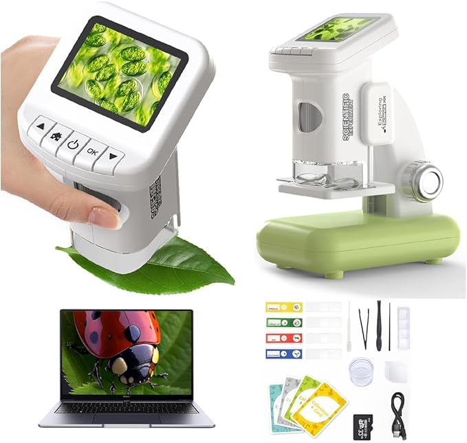 1200X Microscope for Kids with 2 inch Screen STEM Digital Science Kit Rechargeable Handheld Mini Pocket Children Students Slides Portable Gift for Kids Ages 6 to 12 (Green)
