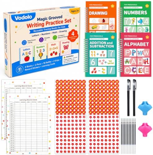 Vodolo 4 Pack Magic Grooved Writing Practice Books for Kids,Reusable Handwriting Practice with Pen,Pencil Grisp and Learning Schedule,Pecfect Tracing Copybook for Kindergarten Preschool Age 3-8 by Vodolo