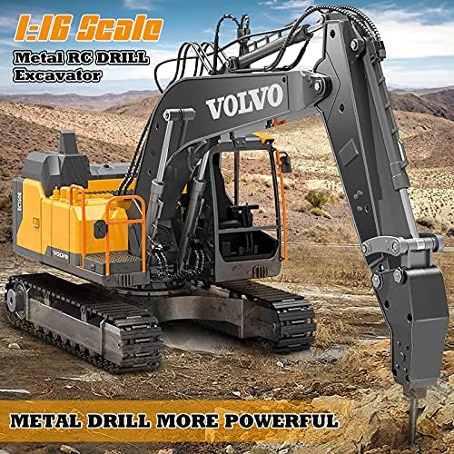 Double E Volvo 1:16 Scale Remote Control Excavator, 17 Channel 3-in-1 Construction Toy with Metal Shovel, Drill, Grab & Lights, 2.4GHz Full Function Digger for Outdoor Sandbox, Gift for Kids & Adults - Image 5