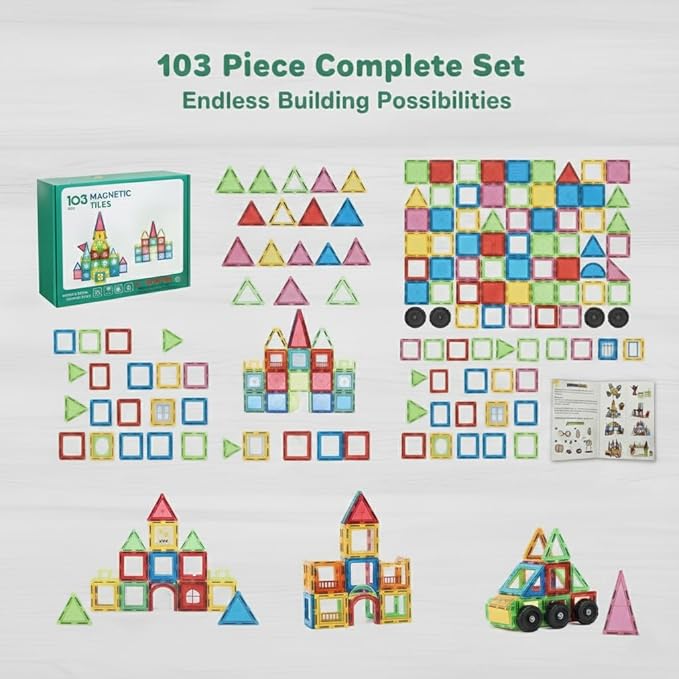 IMAGINATION 103 Piece Tiles Building Set for Kids Ages 3–8, STEM Educational Montessori Toy for Boys and Girls, Sensory Gift