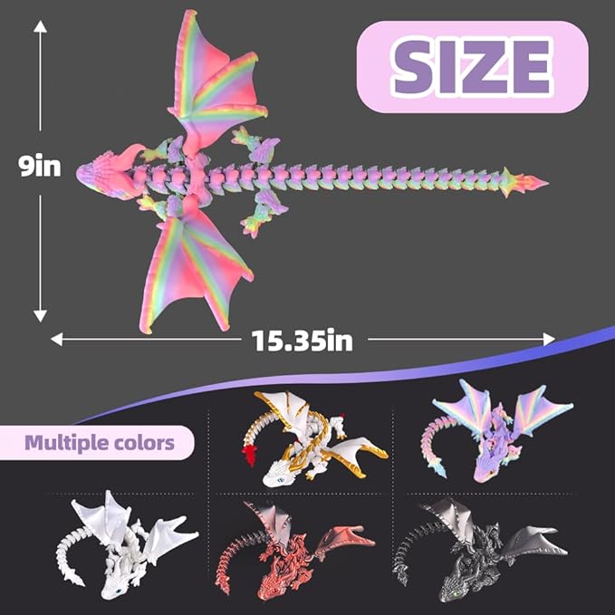 3D Printed Dragon with Wings,3D Printed Animals Toys, Fidget Dragon Toys, Flexible Articulated Winged Crystal Dragon Model,Desktop Pet Deco (Luminous-Rainbow)