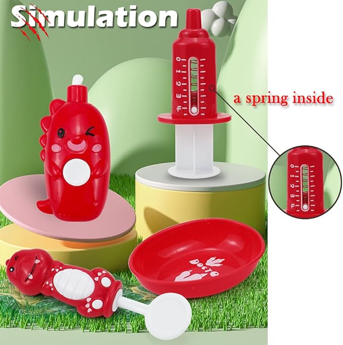 10PCS Plastic Dinosaur Simulation Dentist Play Set Animation Medical Kit Pretend Toy for Kids Hygienic Habbit Cultivation Role Play Game for Children 5 Models 4 Colors Simple OPP Bag Packaging (Red)