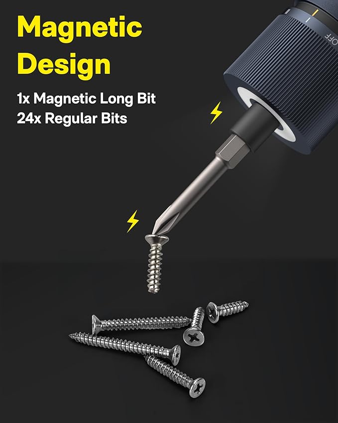 HOTO Electric Screwdriver Kit, Upgraded 1/4'' Hex 25 Bits, Magnetic Lid, Rechargeable Cordless Screwdriver, 3 Torque Settings, 1500mAh Battery, LED Light, Ideal for Assembling Furniture, Home Repair