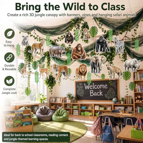 63 Pcs Back to School Jungle Safari Hanging Ceiling Decoration 24" x 13ft Green Banner Artificial Plant Vines Plant Leaf Garland Animal Cardboard Ornament with Rope for Class Party Decor - Image 4