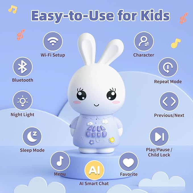 alilo AI Toys for Kids, ChatGPT Smart Companion with Real-Time Voice, 4 Agents & 91 Languages, Preloaded 48 Bunny English/50 Stories/66 Music/28 Lullabies/34 Classical Tunes, Bluetooth Speaker