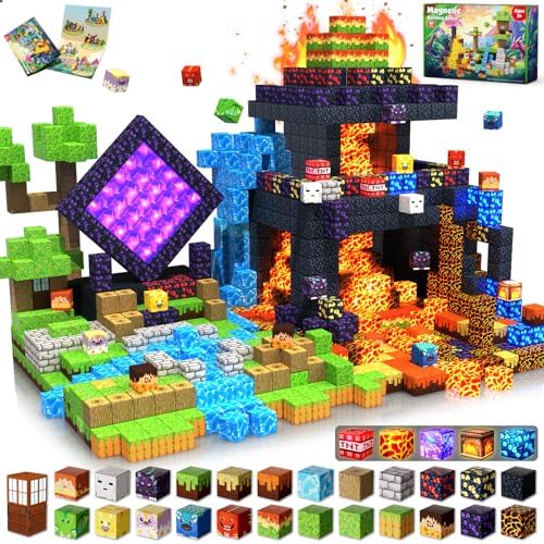 Magnetic Blocks - 300 PCS with Light Up Blocks Dinosaur Volcano Forest Castle Set - Kids Classroom Sensory Toy for Toddlers STEM, Construction Stacking Toy Kids 3+ Boys easter basket stuffers by GraceDuck