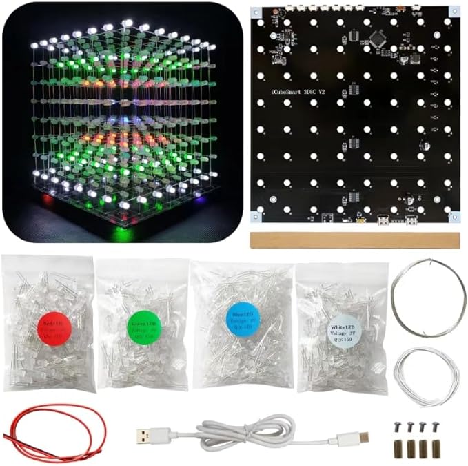 8x8x8 LED Cube Kit DIY Electronic Kit Soldering Project Kit, User Needs to Solder The LED, and The Displayed Content Can Be Modified. (MULTI4)