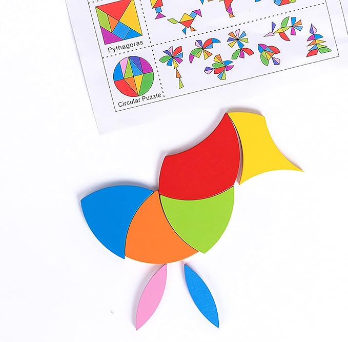 Wooden Blocks Puzzle Brain Teasers Toy 6 IN1Geometric Wooden Tangram Puzzle Game Geometry Jigsaw 3D Logic IQ Games STEM Montessori Educational Gift for Kids Adults