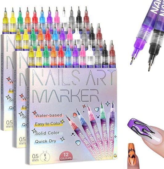 12 Colors Nail Art Pens Set, 2025 New Nail Art Markers Polish Pen for 3D Nail Art, Nail Art Tools for Dotting Drawing Painting Point Liner DIY (3 sets)