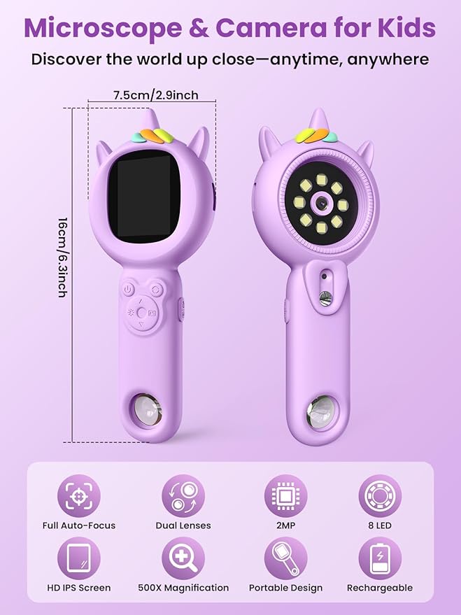 Microscope for Kids, Auto-Focus Handheld Digital Microscopes with 2.0" Screen, 8 LEDs Rechargeable Pocket Mini Microscope Christmas Gifts Educational Science Toys for Ages 5 6 7 8 9 10 11 12