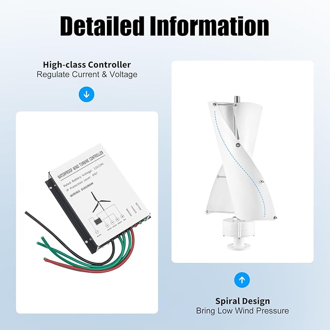 Bepritm Vertical Axis Wind Turbine, Wind Generator Kit with Controller & IP67 Protection, Ultra-Quiet Design for Home, RV, Business, Industrial Energy Supply (100W 12V White 2 Blades)