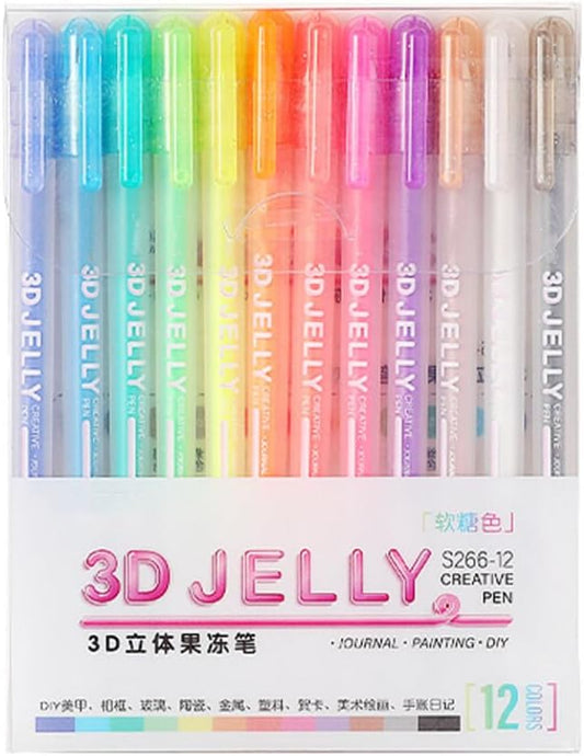 Eforcase 12PCS 3D Jelly Pens Gel Pens for Adult Coloring Books Gel Ink Pen Marker Colored Pen for Drawing, Crafts Scrapbooks Bullet Journaling Card Making, Photo Album Drawing Writing