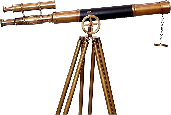 Leather Covered Brass Antique Telescope with Adjustable Wood/Brass Tripod Nautical Authentic High Magnification Manual Focus Adjust Maritime for Kids or Teenager Seniors