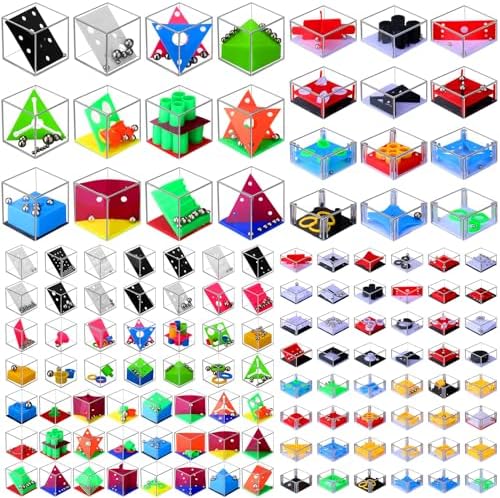 RoundFunny 100 Pcs Brain Teaser Puzzle Cubes Mini Puzzle Party Favor Mini Games Cubes Box Bulk for Kids Stocking Goodie Bag Stuffers for Maze Games Classroom Prizes Gifts by RoundFunny