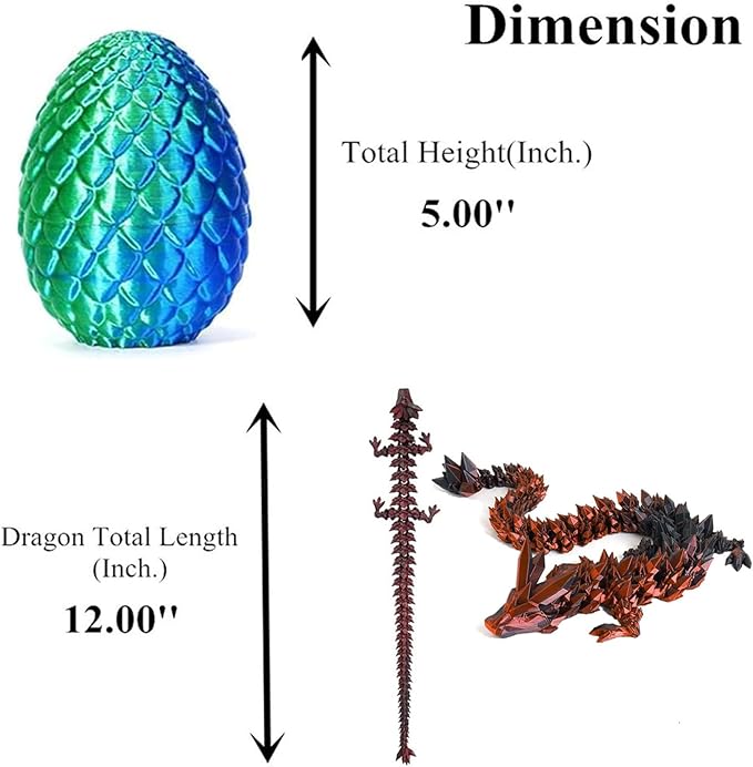Dragon Egg 12In Dragon Toy 3D Printed Dragon Fidget Toys, 3D Printed Dragon Egg with Articulated Dragon Inside, Fidget Toys for Autism/ADHD, Easter Gifts(Bluegreen)