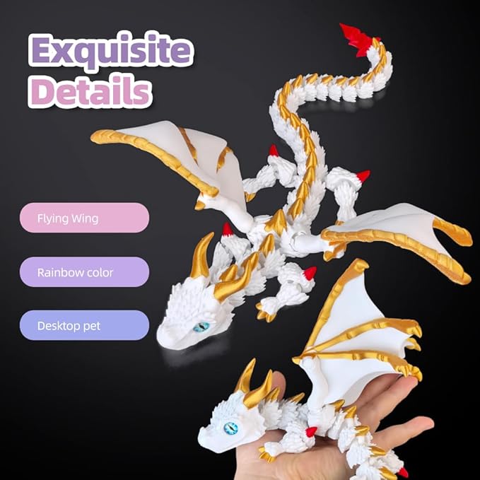 3D Printed Dragon with Wings,3D Printed Animals Toys, Fidget Dragon Toys, Flexible Articulated Winged Crystal Dragon Model,Desktop Pet Deco, Stocking Stuffers (White-Gold)