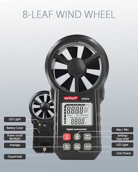 Wintact Handheld Anemometer, Digital Vane Wind Speed Meter Gauge, Air Flow Velocity Tester with Measuring Wind Temperature 14℉ to 113℉ for House HVAC Duct Outdoor Kite Boat Sailing Surfing