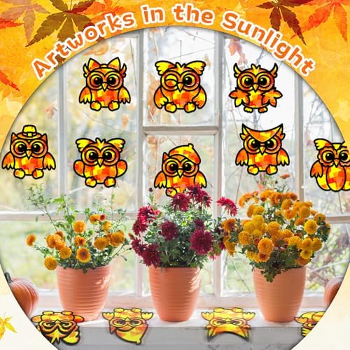 QOUBAI 32 Sets Fall Owl Suncatchers Craft Kit DIY Window Stained Glass Effect Autumn Owl Paper Crafts Home School Classroom Decoration Kid Birthday Gift Creative Art Project Activity Game - Image 5
