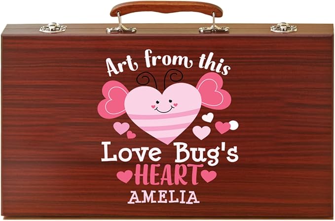 Let's Make Memories Personalized 80-Piece Deluxe Art Set - for Kids - Wood Carrying Case - Oil Crayons, Colored Pencils, Watercolors - Arts & Crafts - Add Their Name - Love Bug
