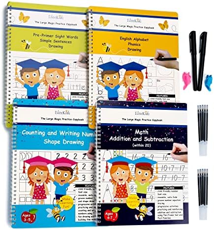 Reusable Handwriting Practice Workbook Set for Kids – Grooved Tracing Books for Letters, Numbers & Sight Words, Large Format 8.5 x 11 Inch Learning Activity Books by EliteKids
