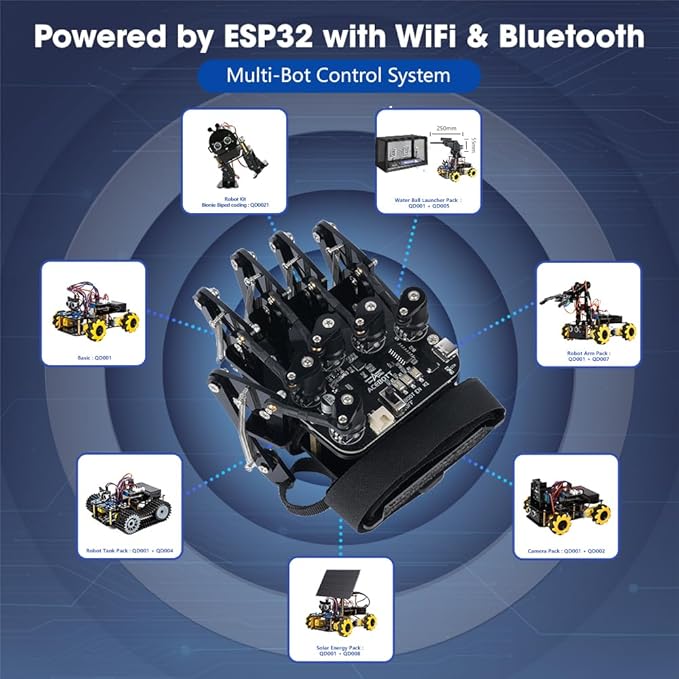 ESP32 Motion-Sensing Glove Supports Arduino, ACECode & Python，DIY Robotic Mechanical Hand STEM Toy Starter Kit Five Fingers Arm for Robot Kit Control, Science/Coding/Programming Set