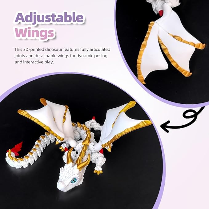 3D Printed Dragon with Wings,3D Printed Animals Toys, Fidget Dragon Toys, Flexible Articulated Winged Crystal Dragon Model,Desktop Pet Deco, Stocking Stuffers (White-Gold)