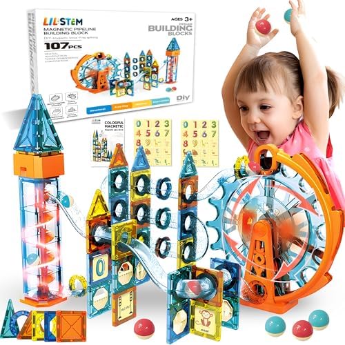 Motorized Marble Run Set, 107-Piece Magnetic Tile Building Toy by ROHSCE