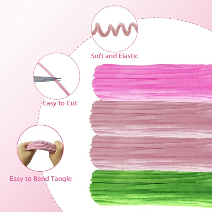LOLEDE Pipe Cleaners Craft Flowers Kit 400 Pcs, 400 Pcs 3 Colors 11.8inch Fuzzy Pipe Cleaners Bulk, Chenille Stems for DIY Flower Making Kit Crafts, Floral Stems & Tape & Ribbon Pearls(Pink)