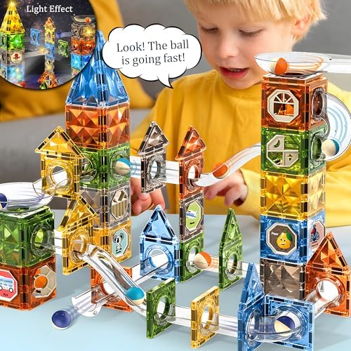 Glowing Magnetic Marble Run Set 142PCS, STEM Educational Magnet Building Toys, 4D Diamond Surface Light Magnetic Tracks, Creative Marble Maze Gift for Boys and Girls Ages 3-12 - Image 2