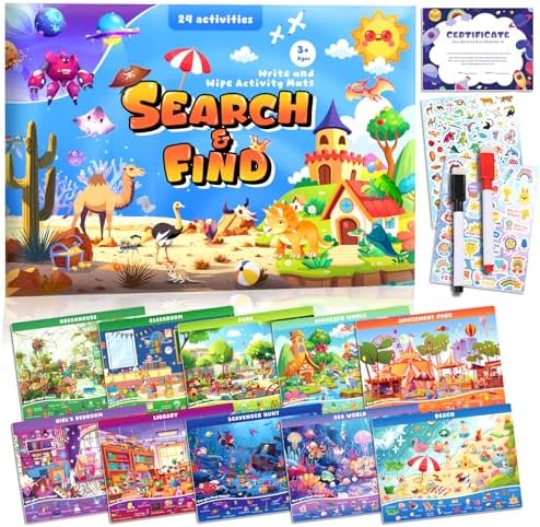 Search and Find Books for Kids Ages 3-5; Road Trip Activities for Ages 4-8, 24 Themes Activity Book with 2 Dry Erase Markers by underbartliv