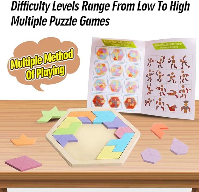Skrtuan Wooden Hexagon Puzzle for Kid Adults Wooden Blocks Puzzle Brain Teasers Toy Shape Pattern Blocks Tangram Puzzles Games Family Portable Montessori Educational Gift for Kid Children