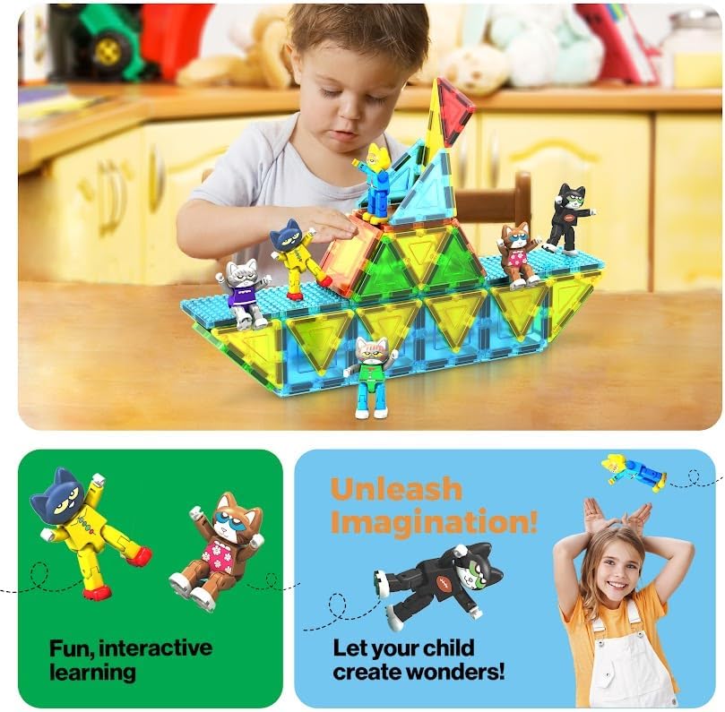 PicassoTiles 6pcs Pete the Cat Magnetic Figures Family Animal Action Character Toddler Toys Magnet Expansion Pack Building Blocks Add-on Educational STEM Learning Kit Construction Brain Tiles PTC01 - Image 5