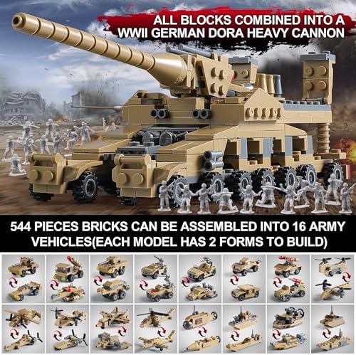 MISTBUY WW2 Army Tank Toys Building Sets, Create a German Dora Cannon or 16 Military Vehicles with 20 Toy Soldiers, STEM Toys for Boys Kids Age 6+ Year Old - Image 4