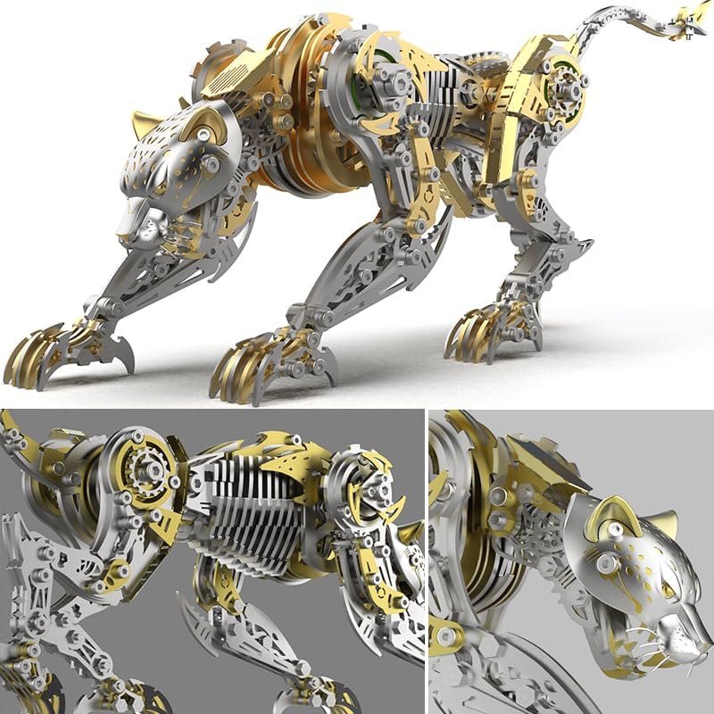Punk DIY Mechanical Metal Assembly 3D Animal Cheetah Leopard Stainless Steel Puzzle Model kit for Adults and boy Toy Gift (Gold) - Image 3