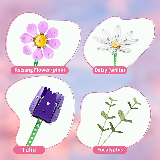 Metal Flower Bouquet Kit, Flowers Garden Building Set Toys for Kids Ages 8-12, STEM Project Building Toy with Storage Box, Birthday for Girls 8 9 10 11 Years Old