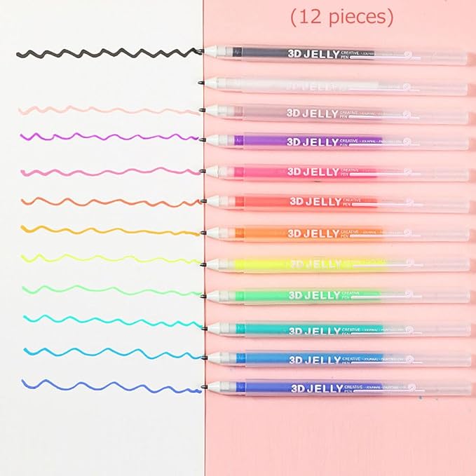 Eforcase 12PCS 3D Jelly Pens Gel Pens for Adult Coloring Books Gel Ink Pen Marker Colored Pen for Drawing, Crafts Scrapbooks Bullet Journaling Card Making, Photo Album Drawing Writing
