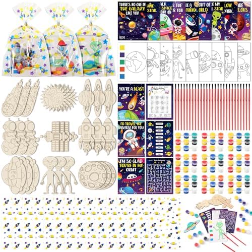 Pasimy 162 Pcs Space Party Favors Solar System Craft Kits Party Supplies Space Birthday Painting Kit Watercolor Card Wooden Cutout Galaxy Goodie Bag for Astronaut Planet DIY Project Activities(Planet) by Pasimy
