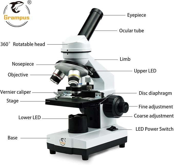 Grampus Achromatic Compound Minocular Microscope 40X-2000X, Dual LED Illumination, 10 Prepared Slides, 100 Cover Slips and Experiment Kit Offered for Kids Students Adults and Children