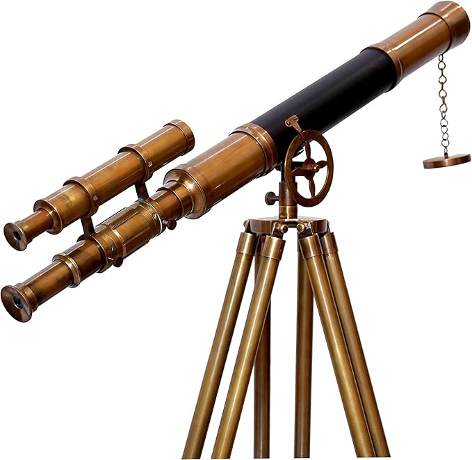 Leather Covered Brass Antique Telescope with Adjustable Wood/Brass Tripod Nautical Authentic High Magnification Manual Focus Adjust Maritime for Kids or Teenager Seniors