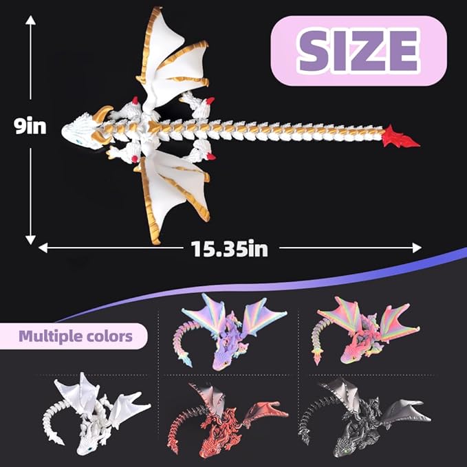 3D Printed Dragon with Wings,3D Printed Animals Toys, Fidget Dragon Toys, Flexible Articulated Winged Crystal Dragon Model,Desktop Pet Deco, Stocking Stuffers (White-Gold)