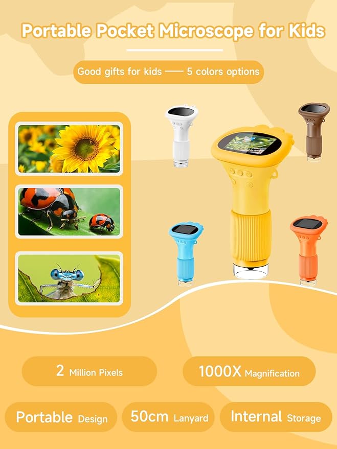Microscope for Kids, 1000X Handheld Digital Miniscope with 2.0" Screen, Portable Pocket Microscope Education Toys Christmas Gifts for Age 3 4 5 6 7 8 9 10 Girls Boys