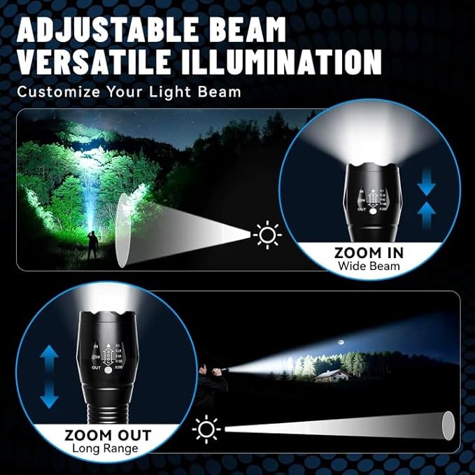 VIBELITE LED Flashlight High Lumens, 5 Modes Zoomable Waterproof Tactical Flashlight for Hiking, Camping Emergency, Stocking Stuffers & Christmas Gifts for Men, Dad, 2 Pack