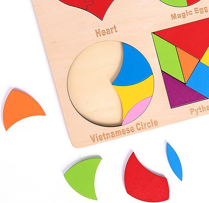 Wooden Blocks Puzzle Brain Teasers Toy 6 IN1Geometric Wooden Tangram Puzzle Game Geometry Jigsaw 3D Logic IQ Games STEM Montessori Educational Gift for Kids Adults