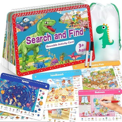 Elfew Search and Find Reusable Activity Book for Kids 3-5 4-8, Travel Games by Elfew