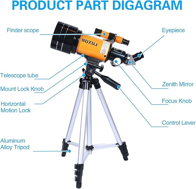 Telescope,70mm Astronomical Refracting Telescope with Phone Adapter for Astronomy Beginners,with Multilayer Broadband Coating,Adjustable Tripod and Finderscope