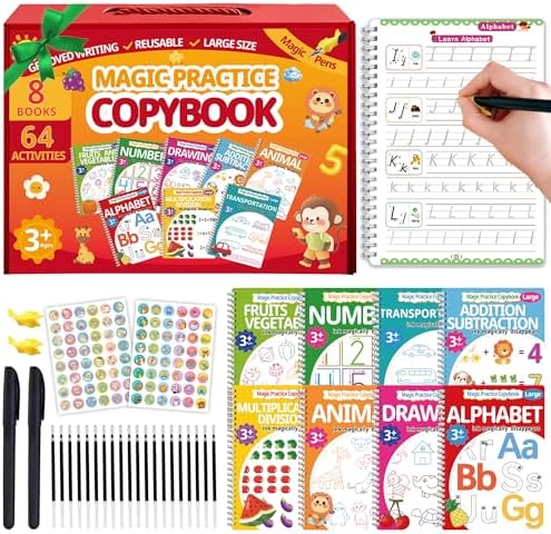 Magic Grooved Writing Practice for Kids 3-8,Grooved Handwriting Practice for Kids,8 Reusable Grooved Writing Books for Preschoolers Homeschooling, Letter, Number Tracing,Math,Drawing Activities by FOLLOWANLASSSTAYUPTODATE