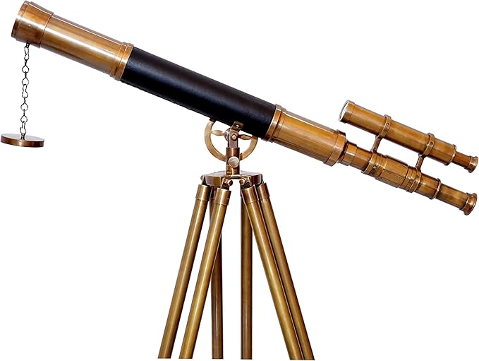 Leather Covered Brass Antique Telescope with Adjustable Wood/Brass Tripod Nautical Authentic High Magnification Manual Focus Adjust Maritime for Kids or Teenager Seniors