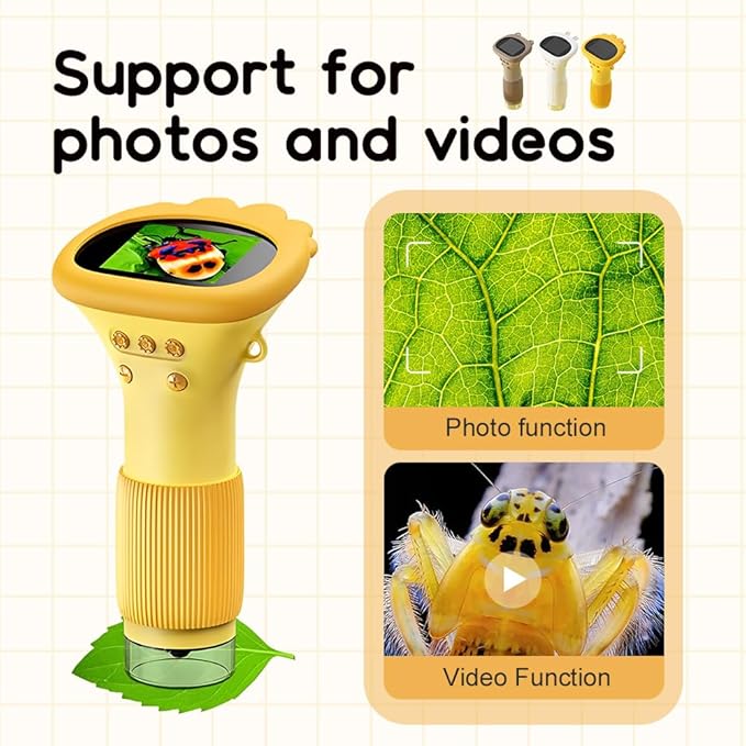 Buggy Lens Microscope Toy, Portable Optical Digital Microscope, 2" IPS Screen 1000x Handheld Digital Microscopes HD Pocket Portable Microscopes (White)