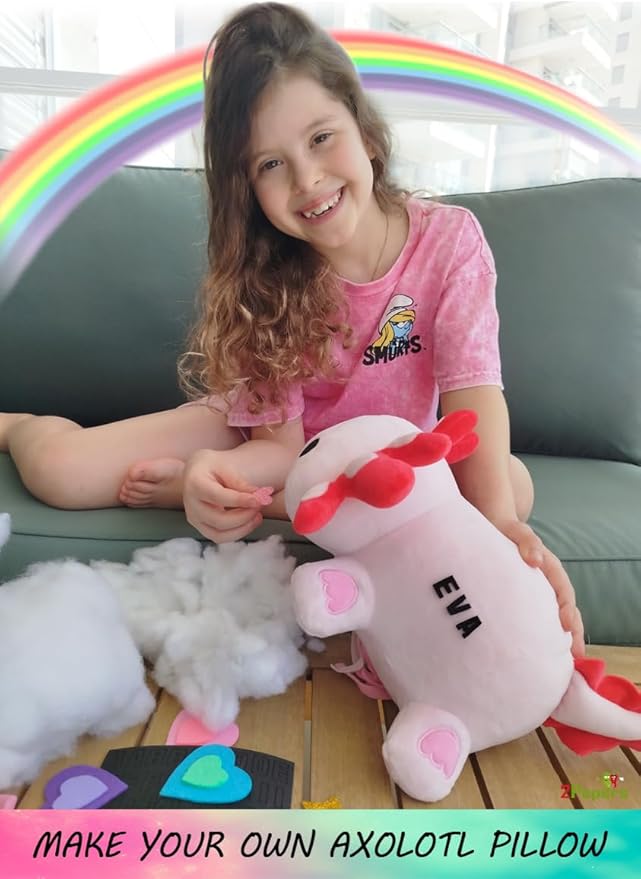 Make Your Own Axolotl Plush Pillow Kit Arts and Crafts for Kids (No Sew), DIY Axolotl Stuffed Toys for Girls & Boys Ages 3 4 5 6 7 8 9 10 + Years Old, Animal Activity, Squishy Plushy, Girls Presents